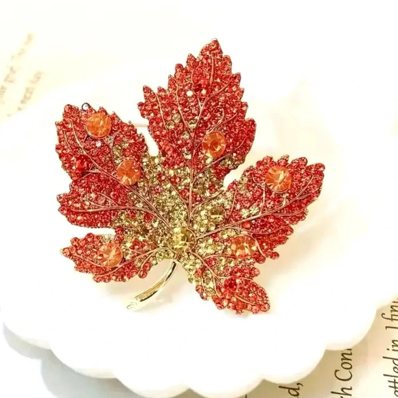 Bria Red Maple Leaf Orange Crystal Brooch - Picture 1 of 7